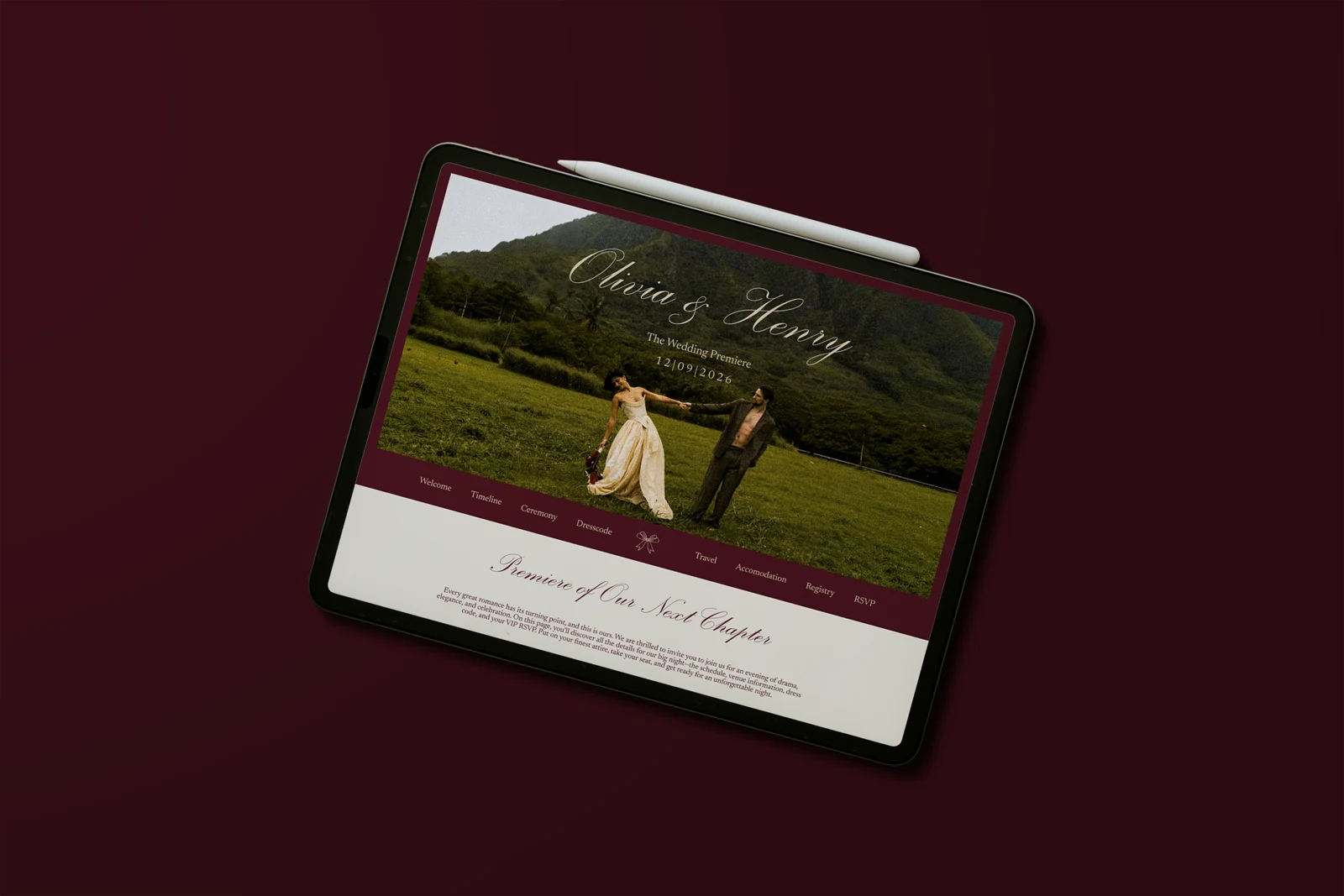 Wedding website on a tablet