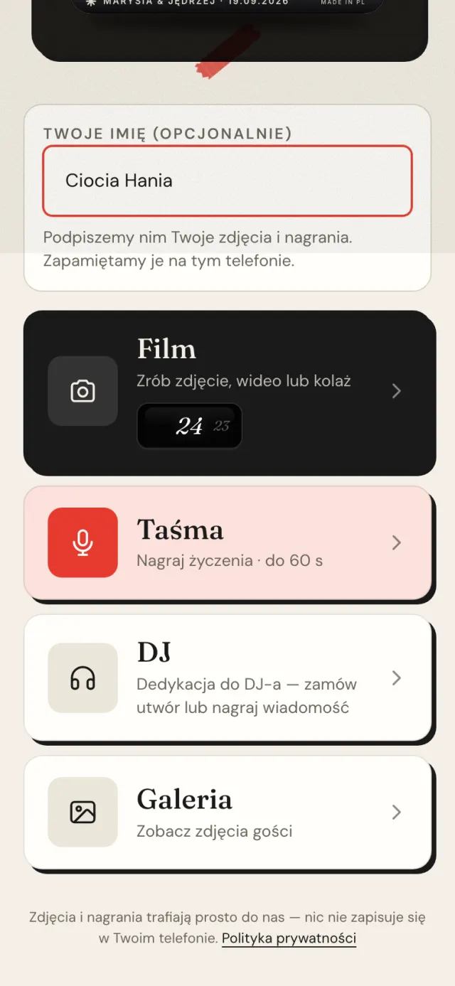 Kafle na ekranie gościa: Film, Taśma, DJ i Galeria