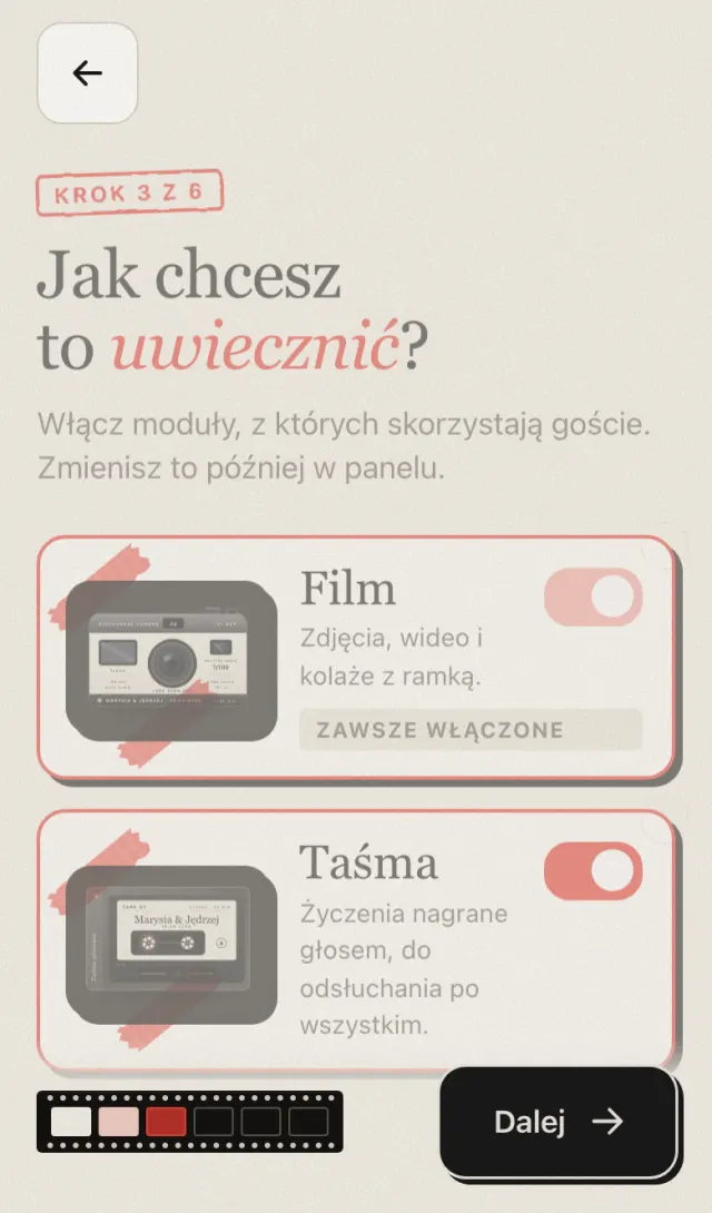 Kreator: krok trzeci, przełączniki modułów Film i Taśma